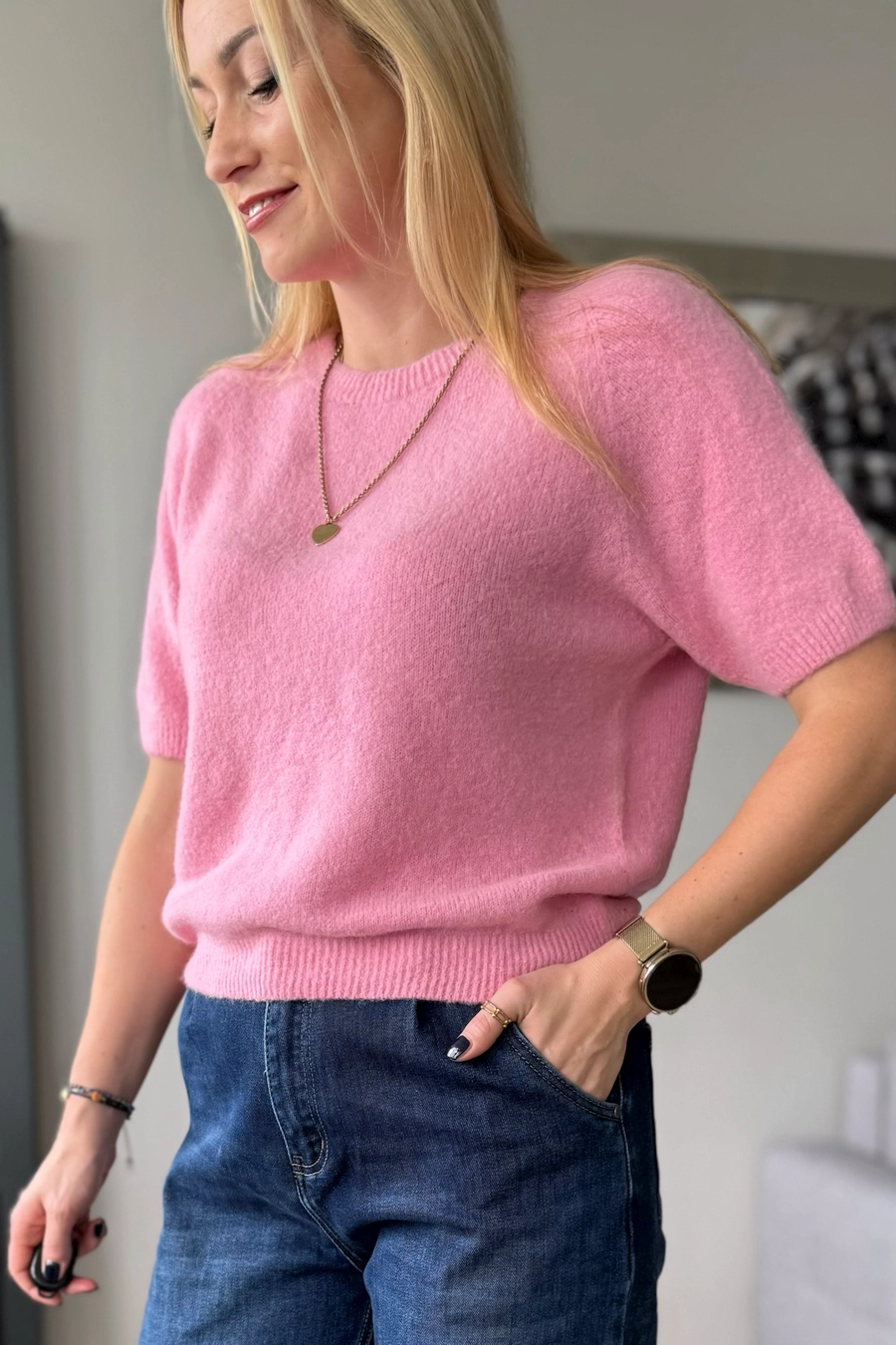 sweter damski baby alpaka z alpaki z krótkim rękawem różowy sweterek