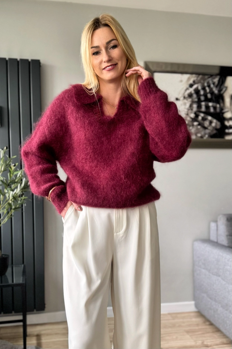 moherowy sweter damski bordowy z kołnierzykiem polo kid moher toscana-39