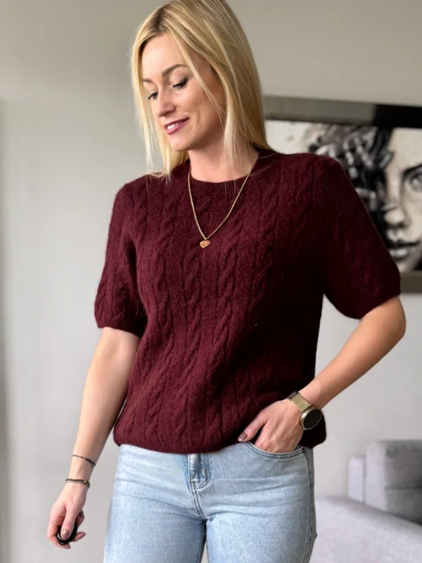 sweter damski z alpaki baby alpaka bordowy z krótkim rękawem warkocz burgund sweterek