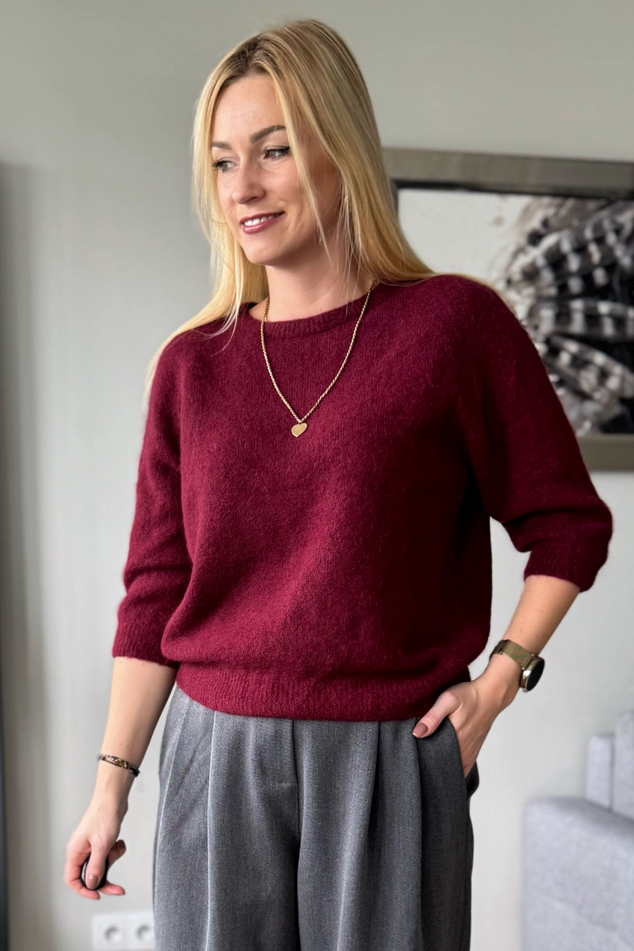 sweter damski z alpaki baby alpaka z rękawem 3/4 bordowy Toscana-39