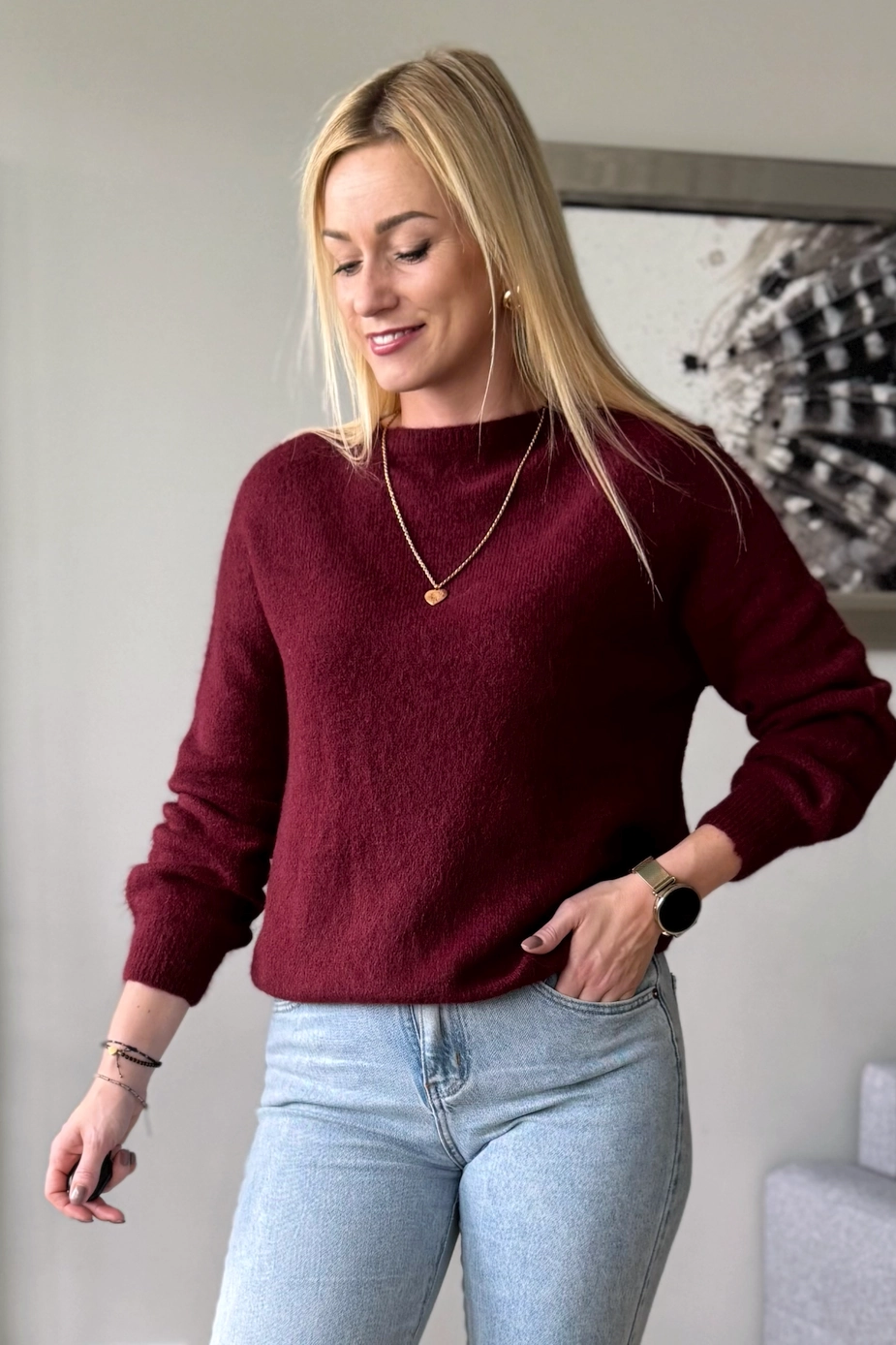 sweter damski z alpaki bordowy baby alpaka burgund Toscana-39