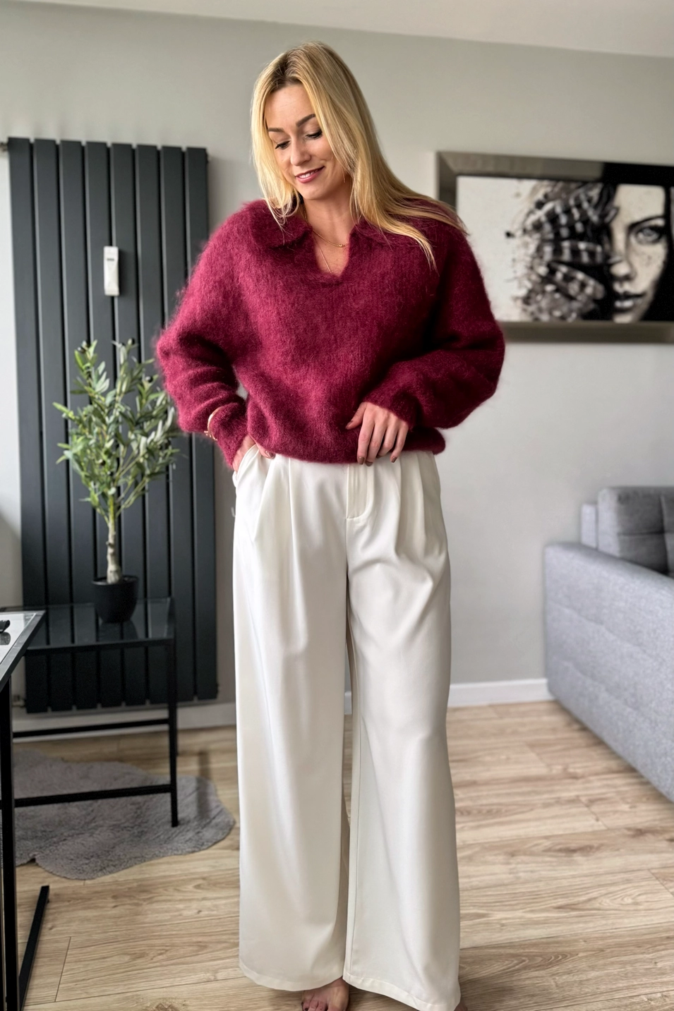 moherowy sweter damski bordowy z kołnierzykiem polo kid moher toscana-39