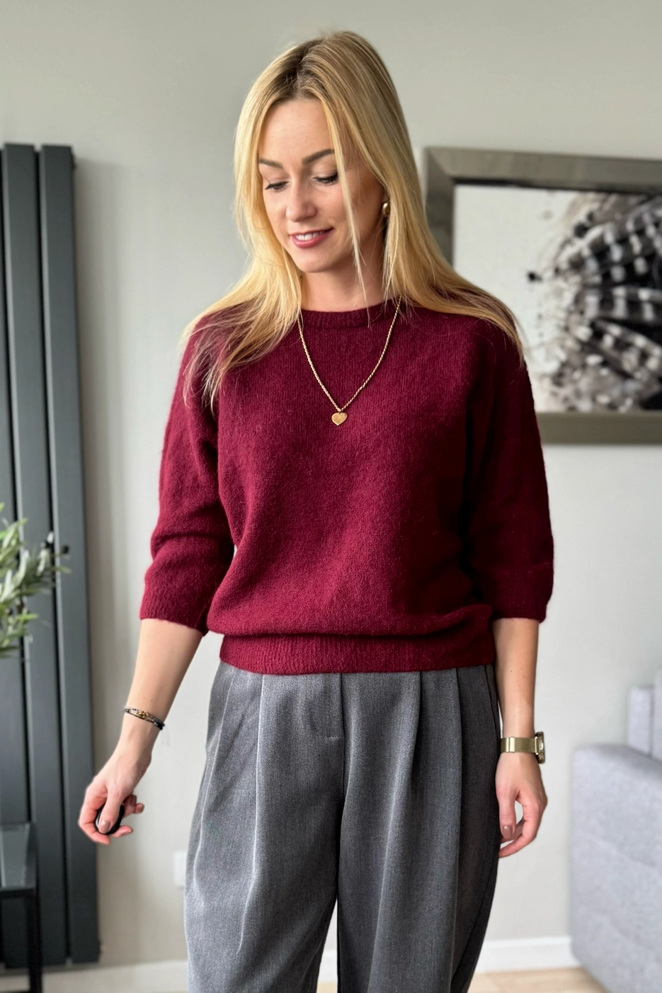 sweter damski z alpaki baby alpaka z rękawem 3/4 bordowy Toscana-39