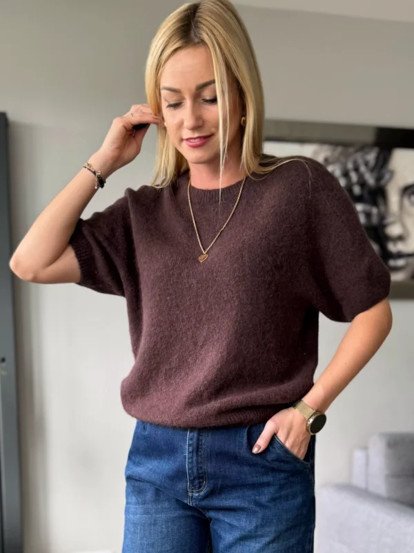 sweter damski z alpaki czekoladowy baby alpaka z krótkim rękawem brązowy Toscana-39