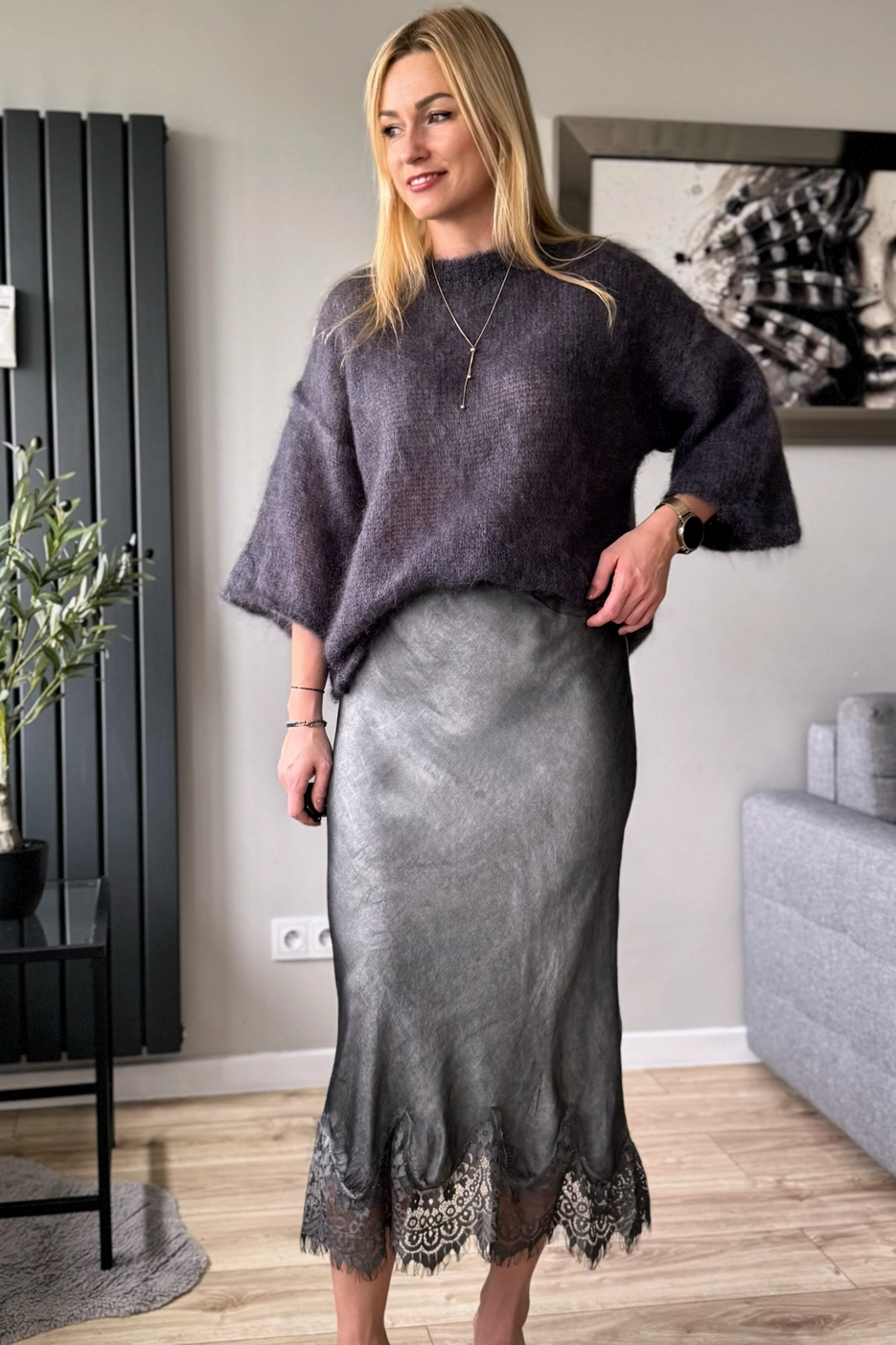 moherowy sweter damski grafitowy 80% kid moher z rękawem 3/4 szary Toscana-39