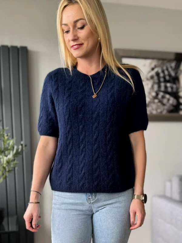 sweter damski z alpaki baby alpaka granatowy z krótkim rękawem warkocz sweterek