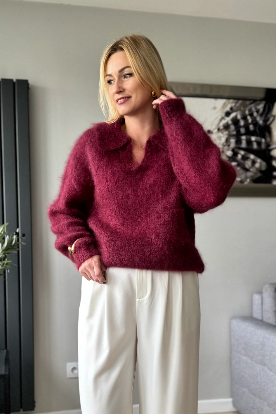 moherowy sweter damski bordowy z kołnierzykiem polo kid moher toscana-39