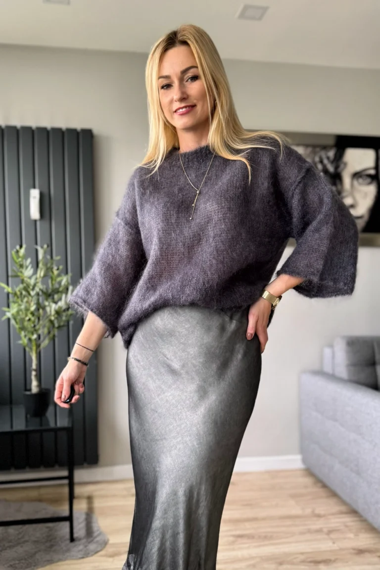 moherowy sweter damski grafitowy 80% kid moher z rękawem 3/4 szary Toscana-39