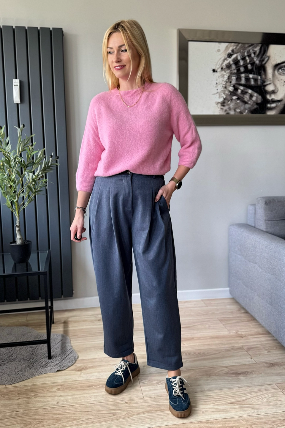 spodnie damskie balony balloon eleganckie jeans stalowe z zakładkami