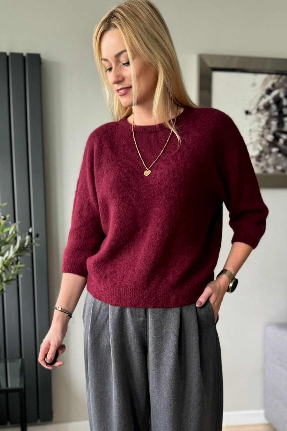 sweter damski z alpaki baby alpaka z rękawem 3/4 bordowy Toscana-39