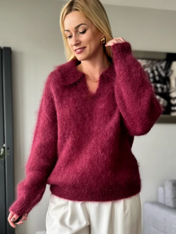 moherowy sweter damski bordowy z kołnierzykiem polo kid moher toscana-39