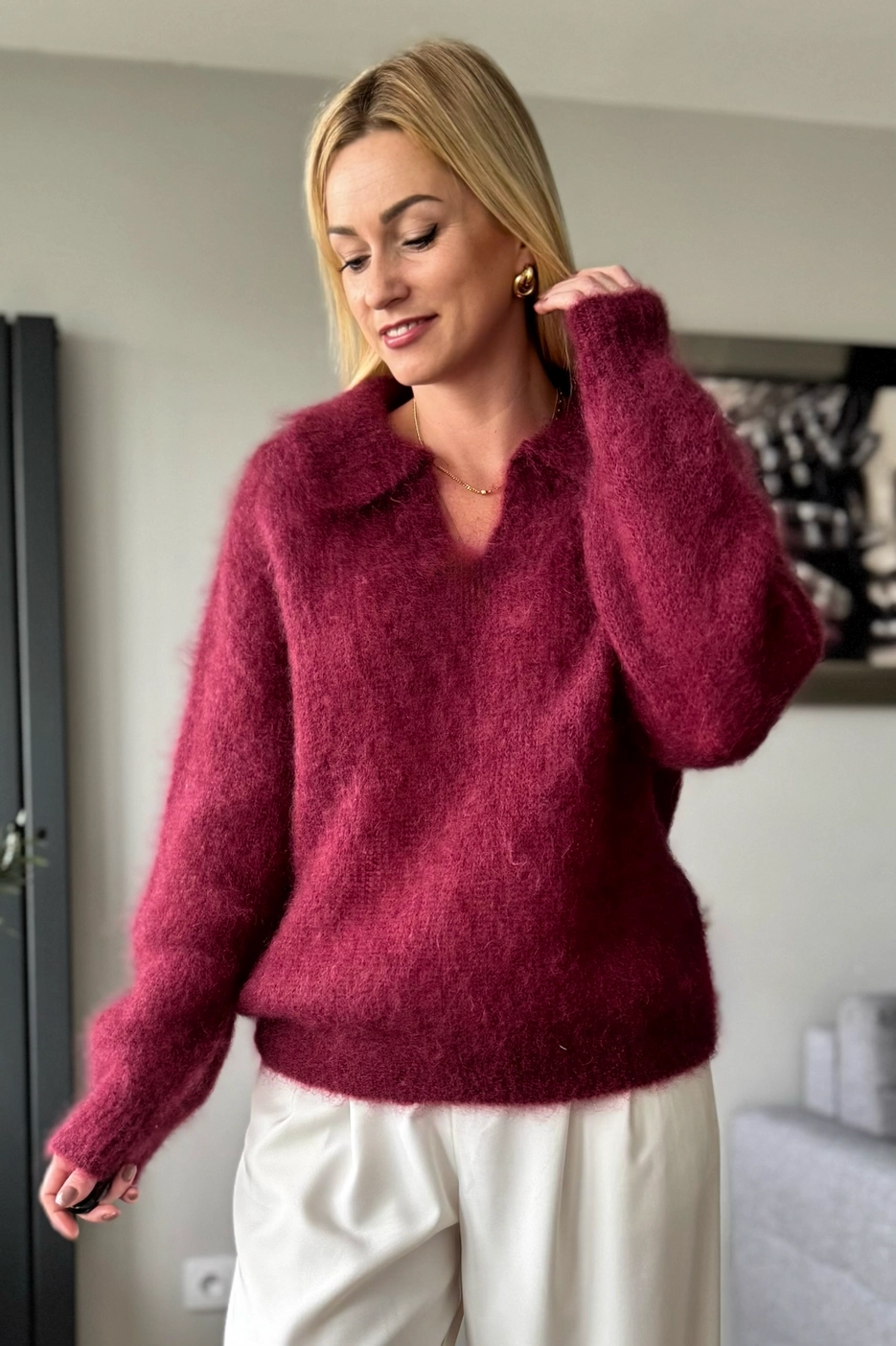 moherowy sweter damski bordowy z kołnierzykiem polo kid moher toscana-39