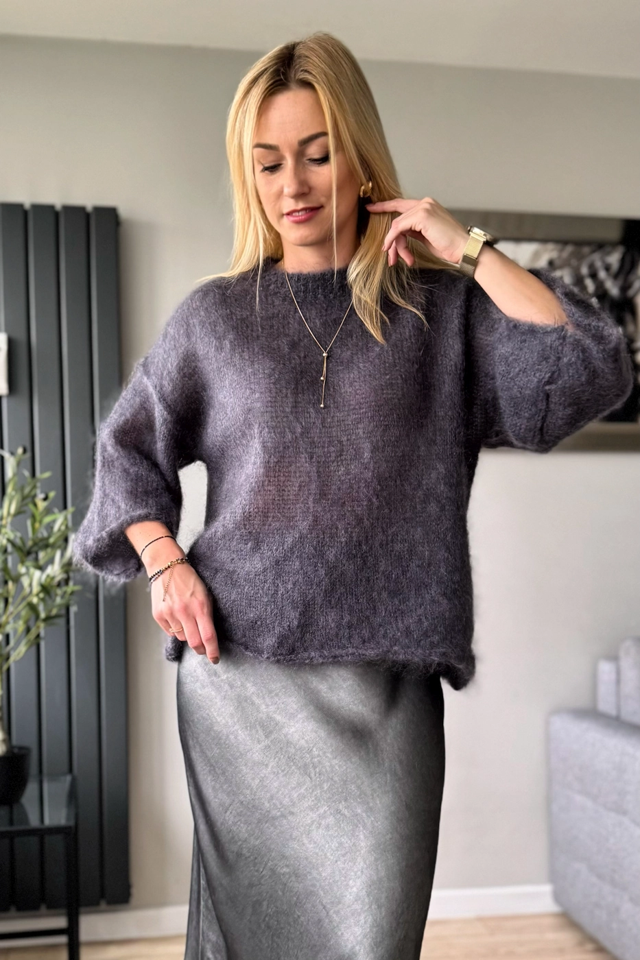 moherowy sweter damski grafitowy 80% kid moher z rękawem 3/4 szary Toscana-39