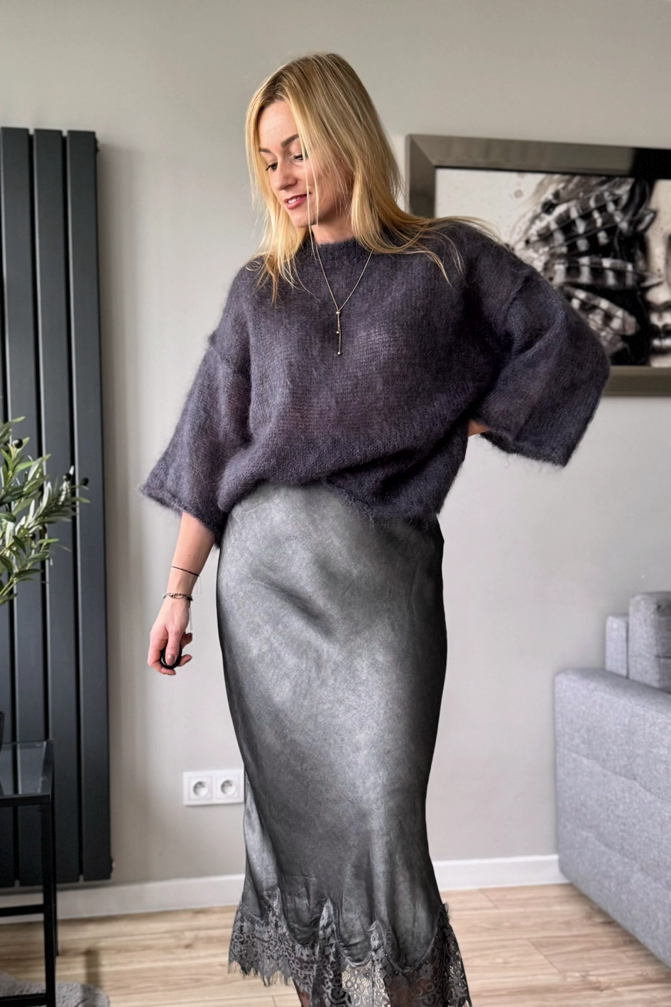 moherowy sweter damski grafitowy 80% kid moher z rękawem 3/4 szary Toscana-39
