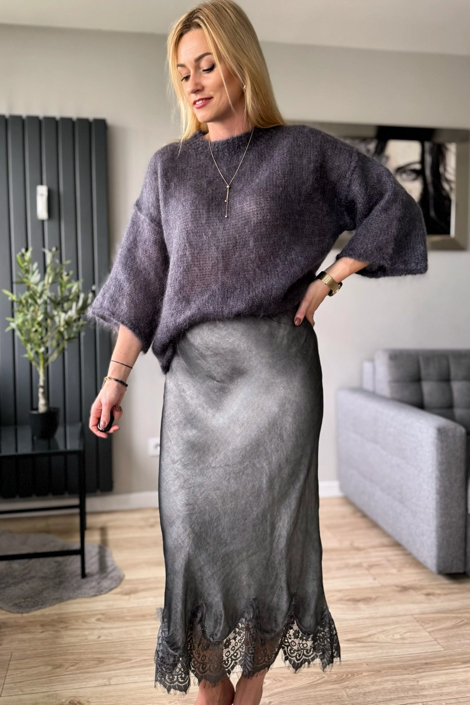 moherowy sweter damski grafitowy 80% kid moher z rękawem 3/4 szary Toscana-39