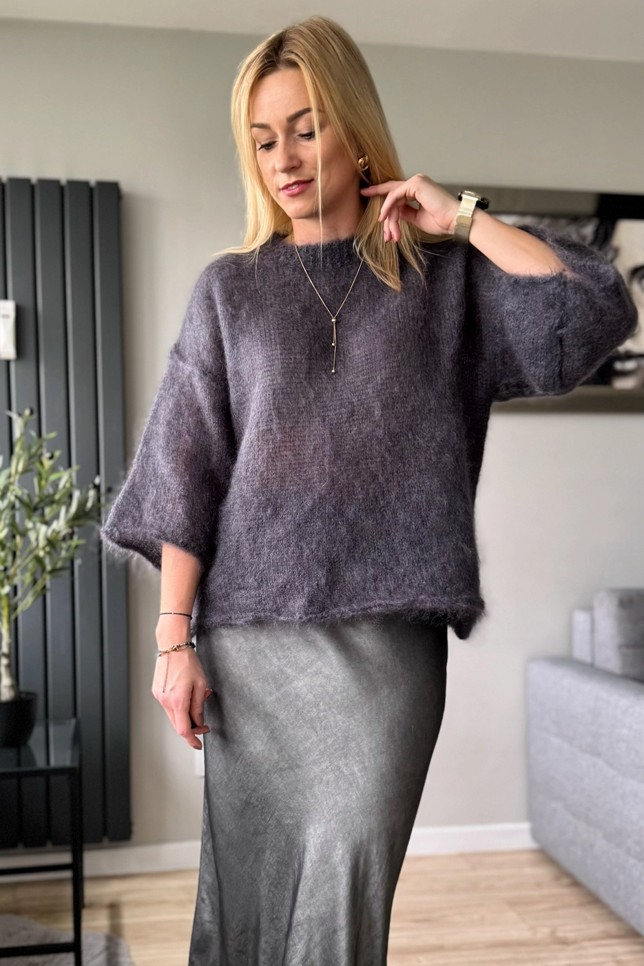moherowy sweter damski grafitowy 80% kid moher z rękawem 3/4 szary Toscana-39