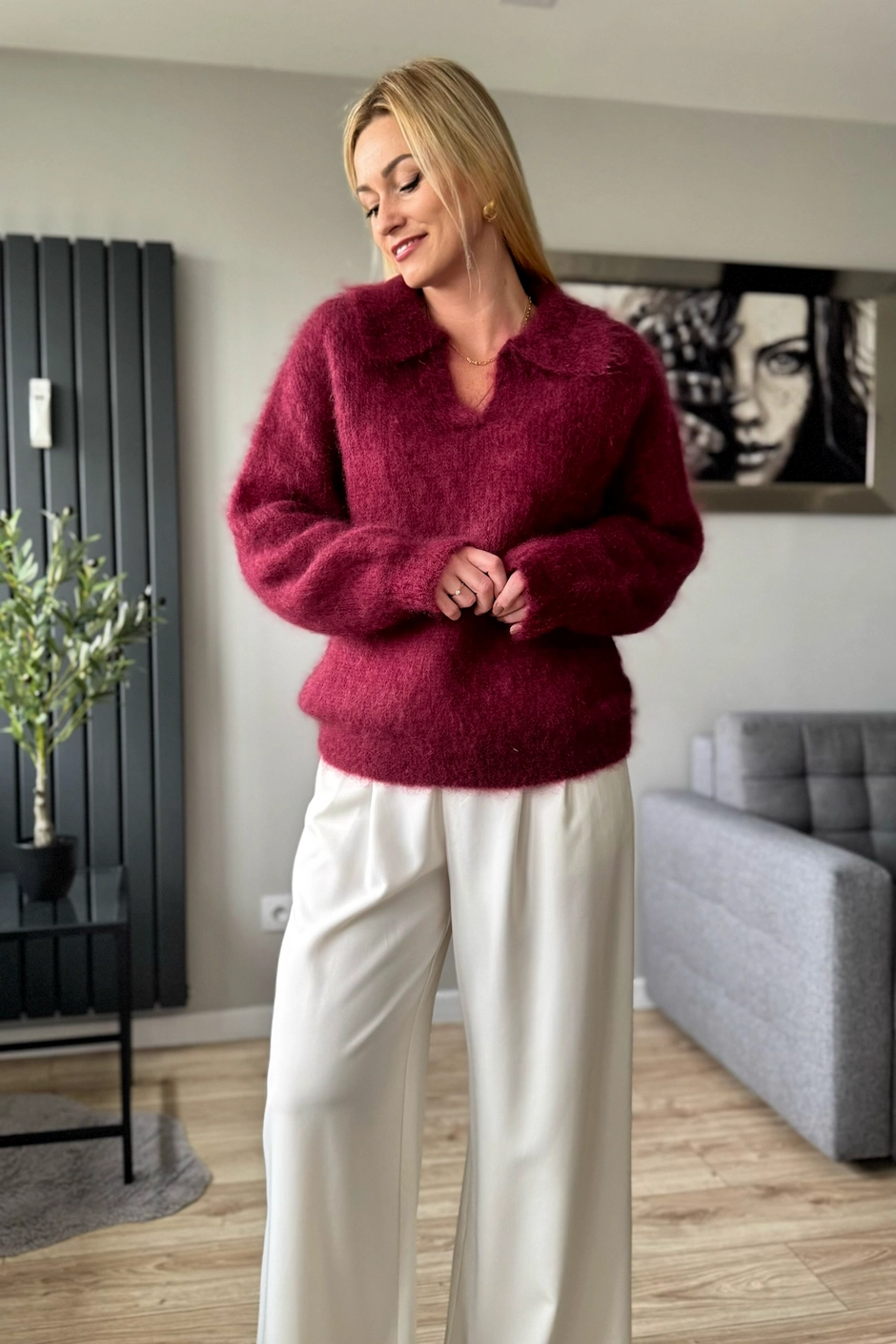 moherowy sweter damski bordowy z kołnierzykiem polo kid moher toscana-39