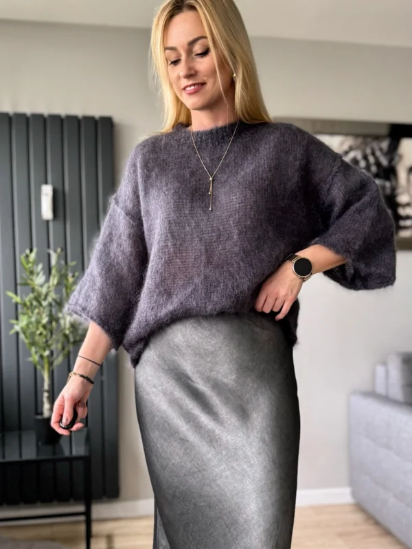 moherowy sweter damski grafitowy 80% kid moher z rękawem 3/4 szary Toscana-39