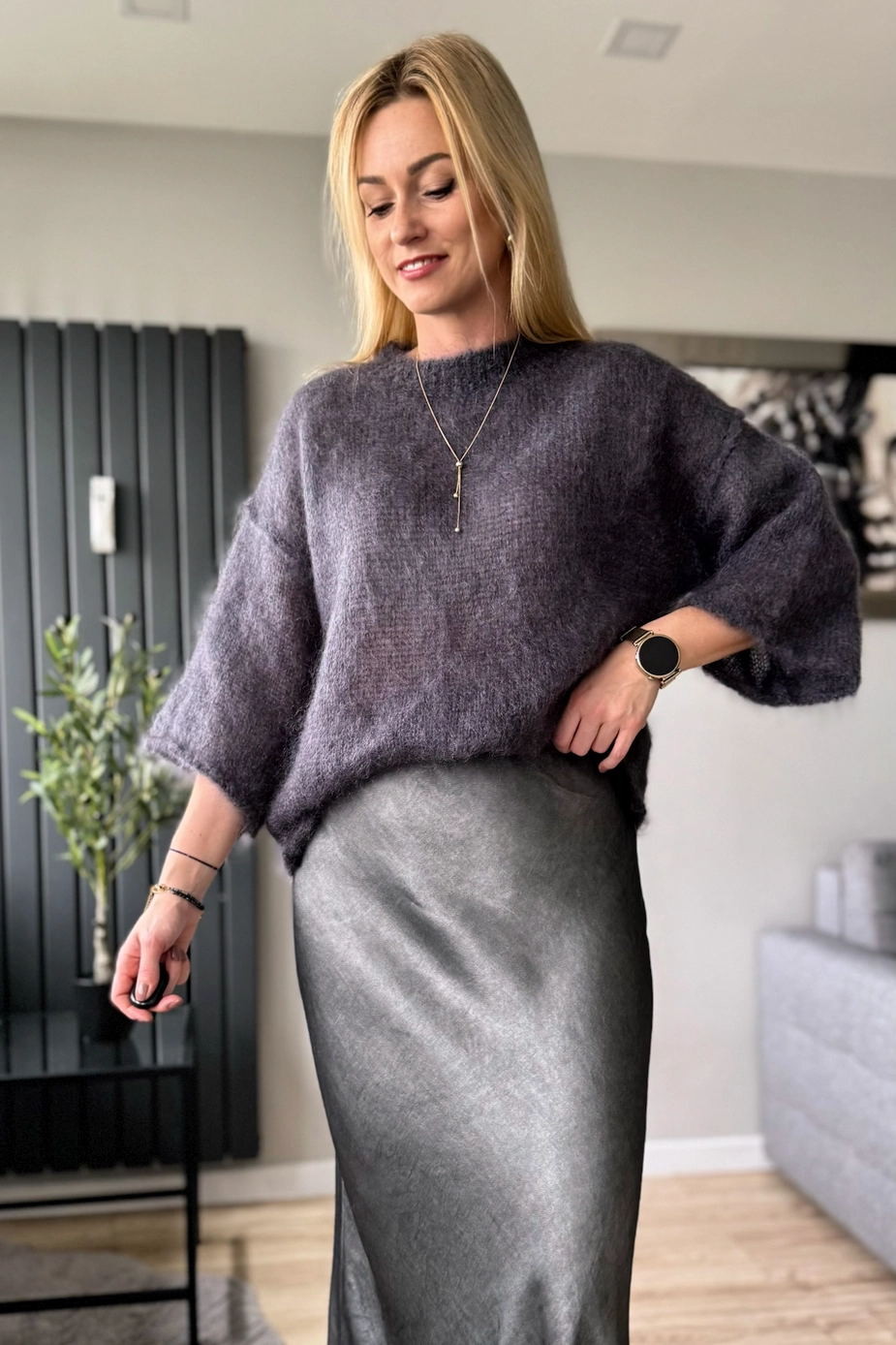 moherowy sweter damski grafitowy 80% kid moher z rękawem 3/4 szary Toscana-39