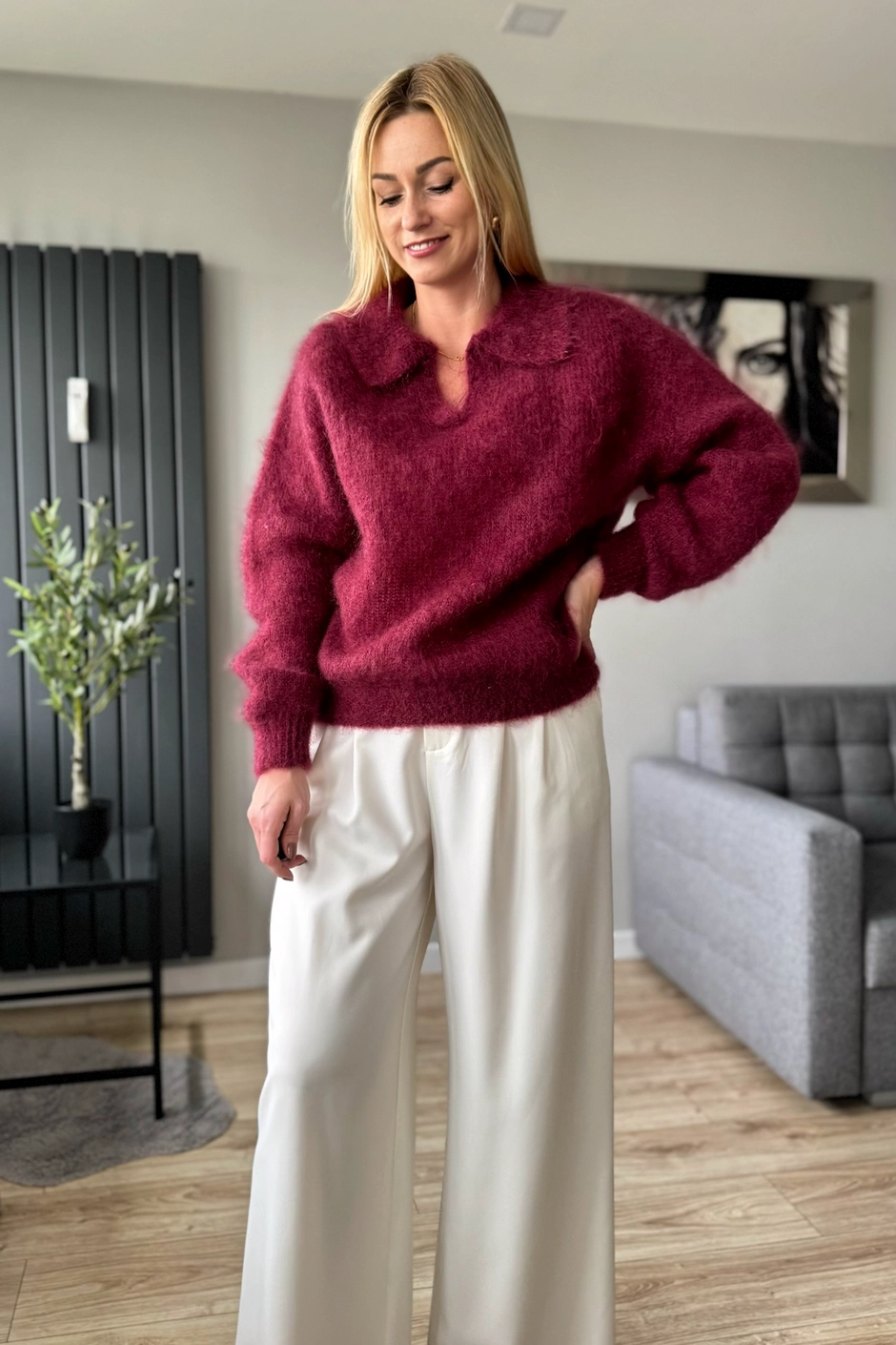 moherowy sweter damski bordowy z kołnierzykiem polo kid moher toscana-39