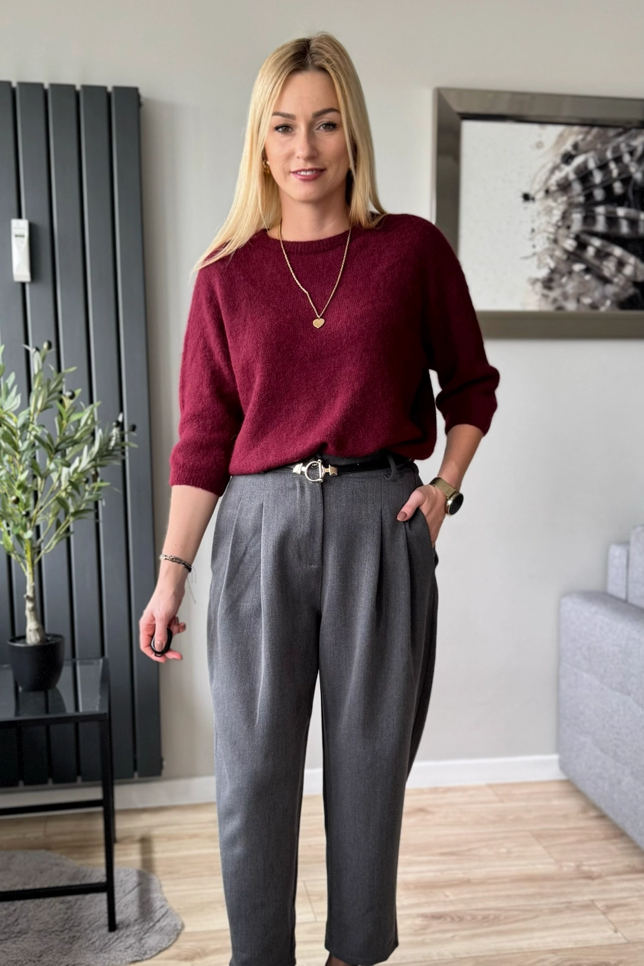 sweter damski z alpaki baby alpaka z rękawem 3/4 bordowy Toscana-39