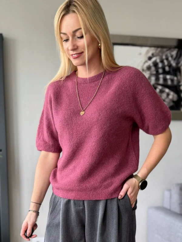 sweter damski baby alpaka z alpaki z krótkim rękawem różowy sweterek jagoda