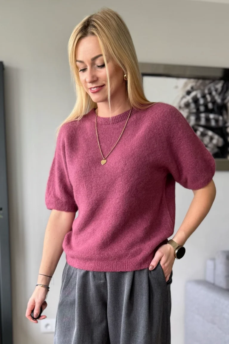 sweter damski baby alpaka z alpaki z krótkim rękawem różowy sweterek jagoda