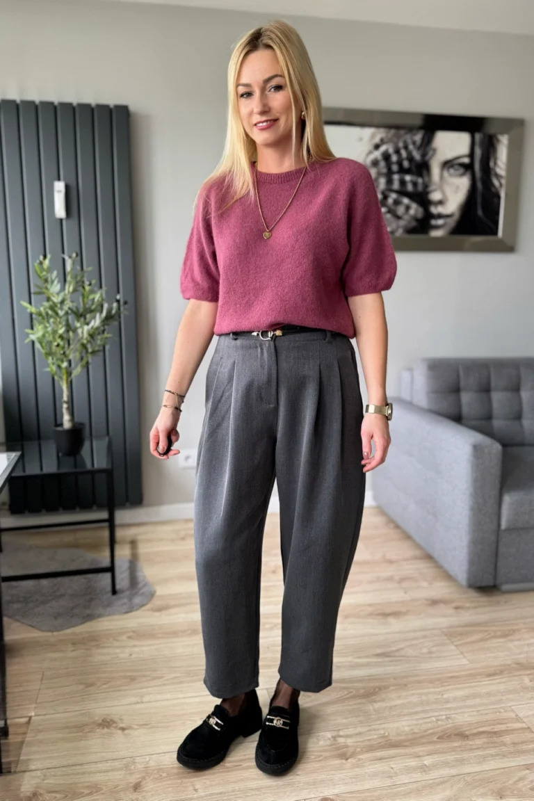 sweter damski baby alpaka z alpaki z krótkim rękawem różowy sweterek jagoda